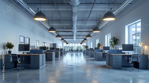Modern Office Layout With Desks  Computers  and Natural Light in a Spacious Setting