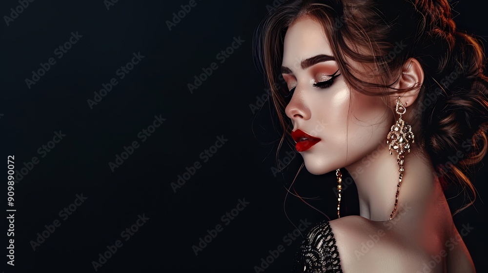 Φωτογραφία Beautiful woman with long big earrings Beauty girl with elegant hairstyle and ev