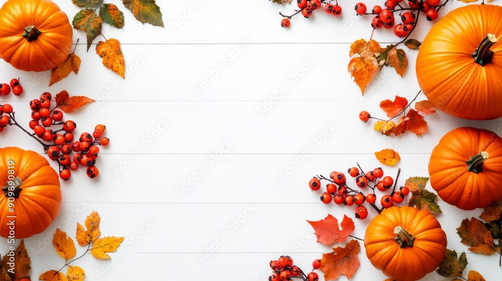 Obraz premium beautiful banner with pumpkins and autumn leaves on white background with empty space in the middle for text. thanksgiving banner with pumpkins and autumn leaves.