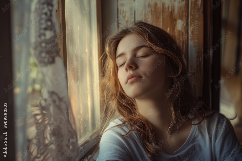 Fototapeta premium A woman with her eyes closed gazing out a window, possibly lost in thought