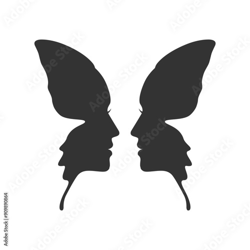 Butterfly wings as two face silhouettes. Graphic sign isolated on white background. Concept symbol. Vector illustration