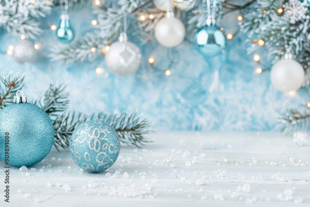 Fototapeta premium Blue Christmas ornaments with pine branches and festive lights.