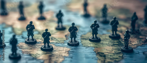 A group of soldiers are standing on a map of the world