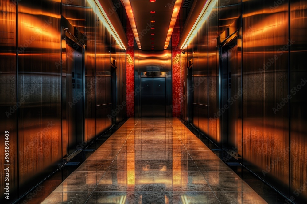 A long hallway leads to two elevators in a modern building A long hallway leads to two elevators in a modern building