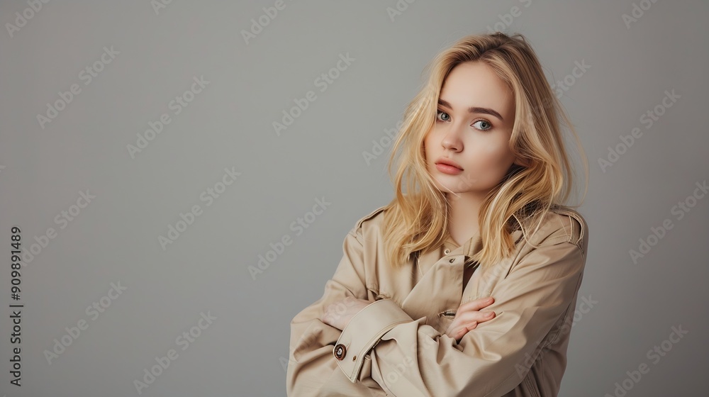 young blonde woman in total beige casual attire posing with folded arms and looking away on grey : Generative AI young blonde woman in total beige casual attire posing with folded arms and looking away on grey : Generative AI