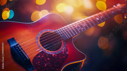 A guitar is shown in a blurry, colorful light