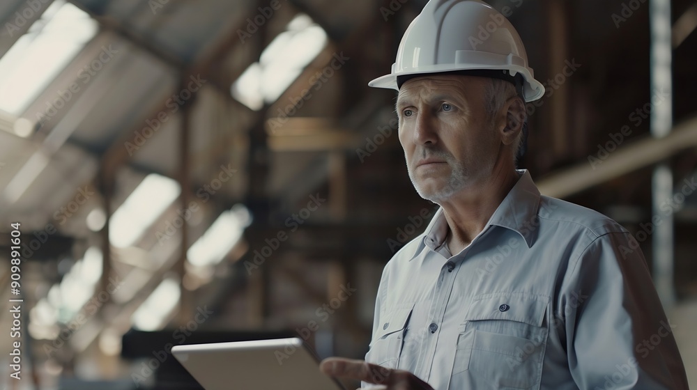 Senior White engineer holding tablet looking away with serious emotion at work site Portrait og engineer wearing white hard hat at manufactuing : Generative AI Senior White engineer holding tablet looking away with serious emotion at work site Portrait og engineer wearing white hard hat at manufactuing : Generative AI