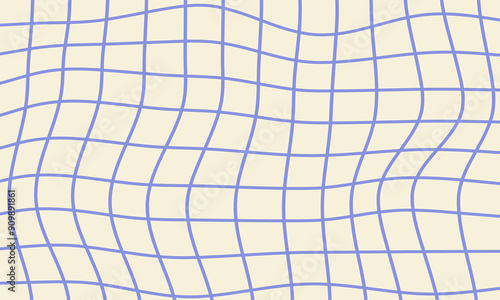 Abstract wavy grid pattern in violet on a beige background, creating a modern, minimalist aesthetic, psychedelic design. Mesh hand drawn vector illustration