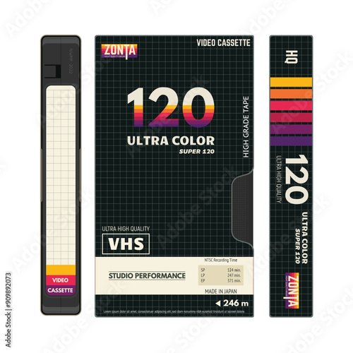 Retro style VHS video cassettes front view with label and black cover, cover side view. Empty labels with lines for text. Magnetic cassette label fantasy 90s cover design. Vector illustration.