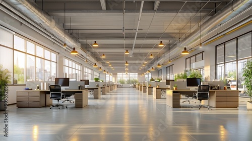 Modern Office Space Design Featuring Multiple Workstations With Natural Light and Green Plants
