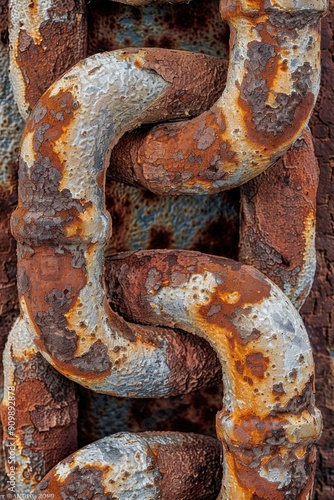 A rusty chain wrapped around a tree trunk with moss and lichen growing on it, suggesting decay and neglect photo