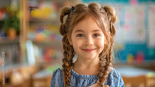 Wallpaper Mural Photo of a cute little girl with a playful smile on the background of a classroom Torontodigital.ca