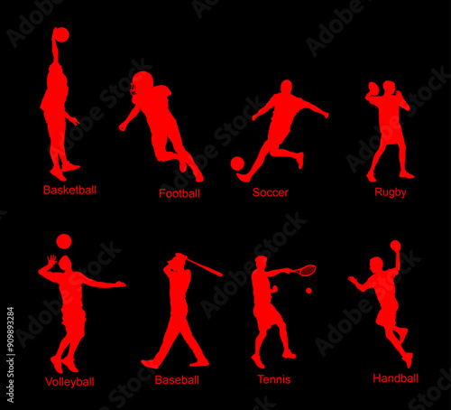 Set of ball sport discipline players with ball vector silhouette illustration isolated. Sports man shape. Sportsman action shadow. Basketball Football Soccer Rugby Volleyball Baseball Tennis Handball.