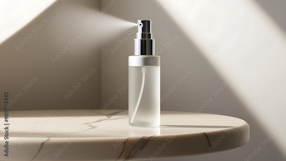 A scene featuring an isolated blank facial mist spray bottle, placed in front of a refined background with marble elements and soft, diffused light. A scene featuring an isolated blank facial mist spray bottle, placed in front of a refined background with marble elements and soft, diffused light.