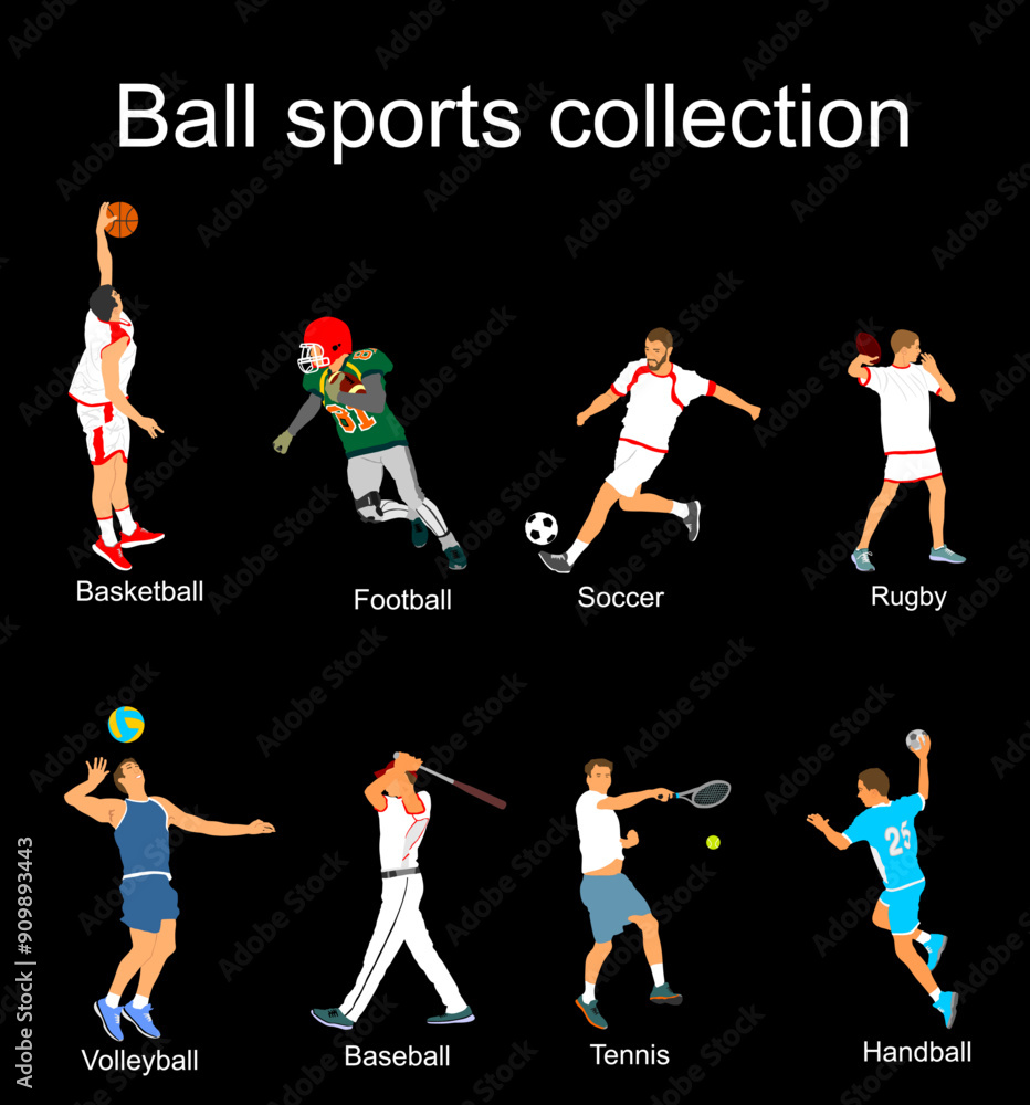 Set of ball sport discipline players with ball vector illustration isolated. Sports man in attractive move pose. Sportsman action. Basketball Football Soccer Rugby Volleyball Baseball Tennis Handball. Set of ball sport discipline players with ball vector illustration isolated. Sports man in attractive move pose. Sportsman action. Basketball Football Soccer Rugby Volleyball Baseball Tennis Handball.