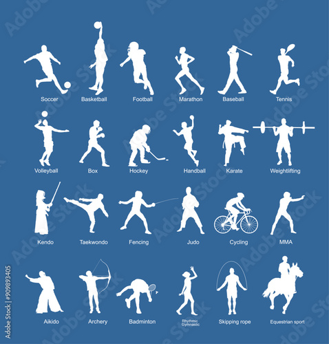 Sport man vector silhouette collection in different sport discipline. Set active sport people shape illustration. Athlete skills. Health care training and work out in gym, outdoor. Sportsman shadow.