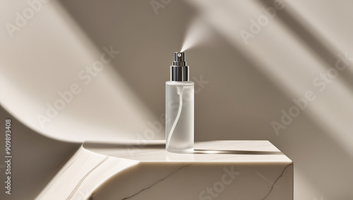 A scene featuring an isolated blank facial mist spray bottle, placed in front of a refined background with marble elements and soft, diffused light.