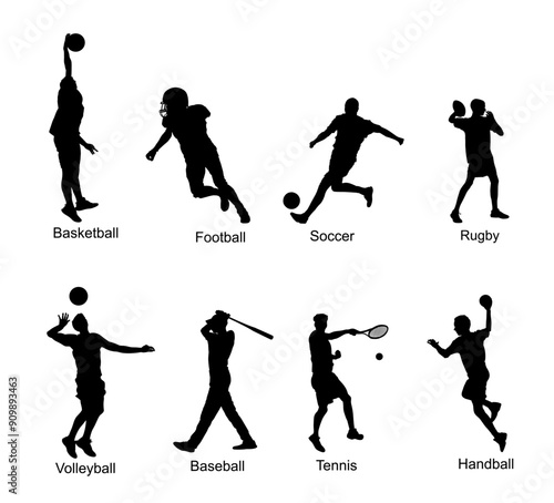 Set of ball sport discipline players with ball vector silhouette illustration isolated. Sports man shape. Sportsman action shadow. Basketball Football Soccer Rugby Volleyball Baseball Tennis Handball.