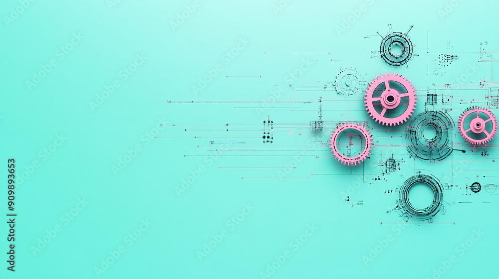 Obraz premium Minimalistic Background With White And Red Gears On Turquoise Blue, Flat Lay, Top View, Copy Space For Tech Or Marketing. 