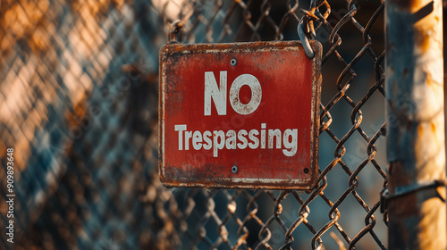 Red warning signboard of No Trespassing on old rusty fence restricted area