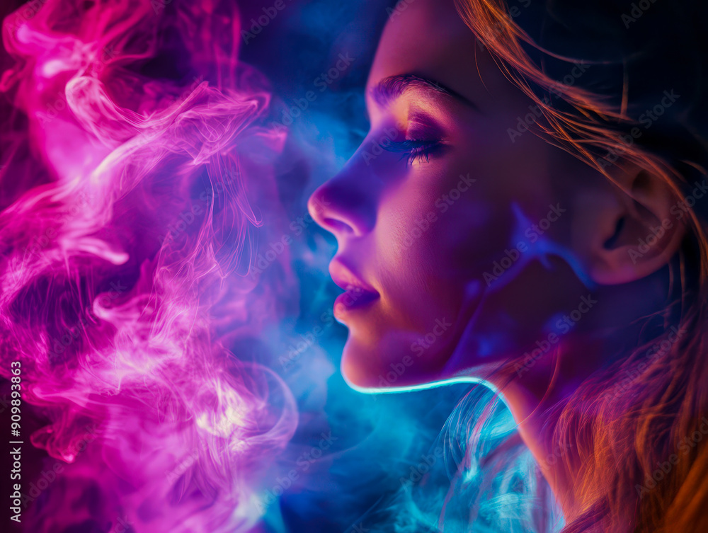 A woman is smoking a cigarette in a purple haze A woman is smoking a cigarette in a purple haze