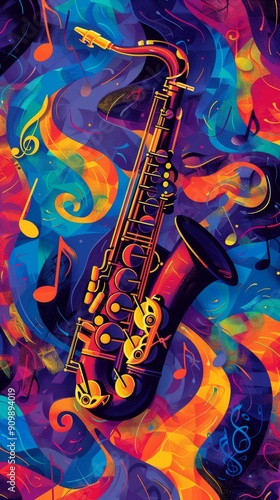 A saxophone with swirling patterns and musical notes. Abstract vertical illustration. Jazz music art