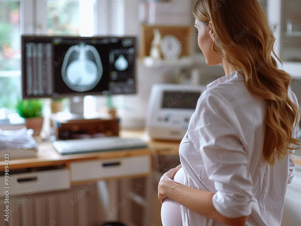 Pregnant Woman Observes Ultrasound Results in a Modern Medical Office During Morning Consultation Pregnant Woman Observes Ultrasound Results in a Modern Medical Office During Morning Consultation