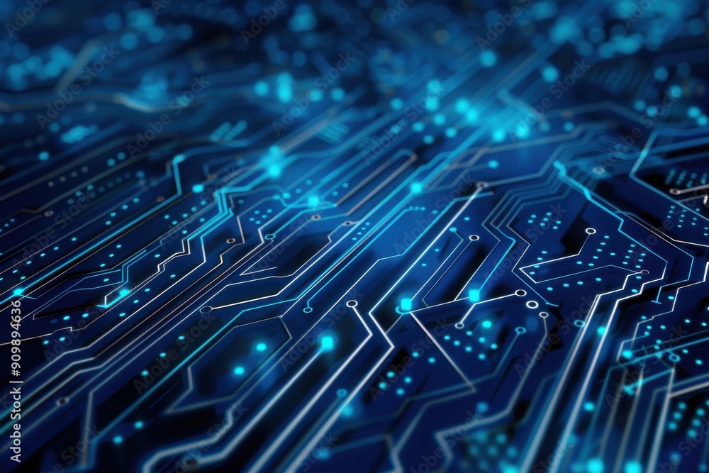 Innovative circuit board layout with a technological backdrop showcasing blue links and electronic parts Innovative circuit board layout with a technological backdrop showcasing blue links and electronic parts