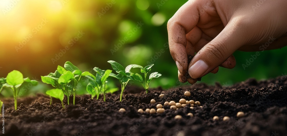 a hand planting seeds in soil with young seedlings and sunlight in the background, symbolizing gardening and growth. greenery through effective germination techniques to enhance your land a hand planting seeds in soil with young seedlings and sunlight in the background, symbolizing gardening and growth. greenery through effective germination techniques to enhance your land