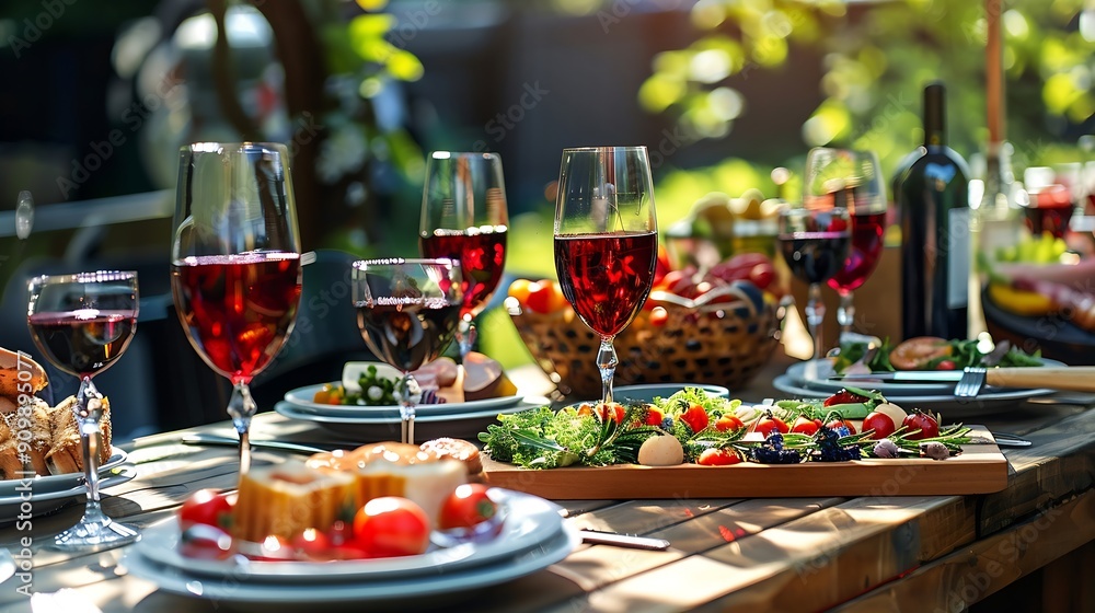 Decorated wooden table with red wineglasses and various food on sunny day : Generative AI Decorated wooden table with red wineglasses and various food on sunny day : Generative AI
