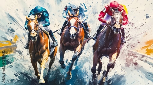 Horse racing, Illustration of Jockeys fighting to take the lead, Jockeys on their horses during horse racing