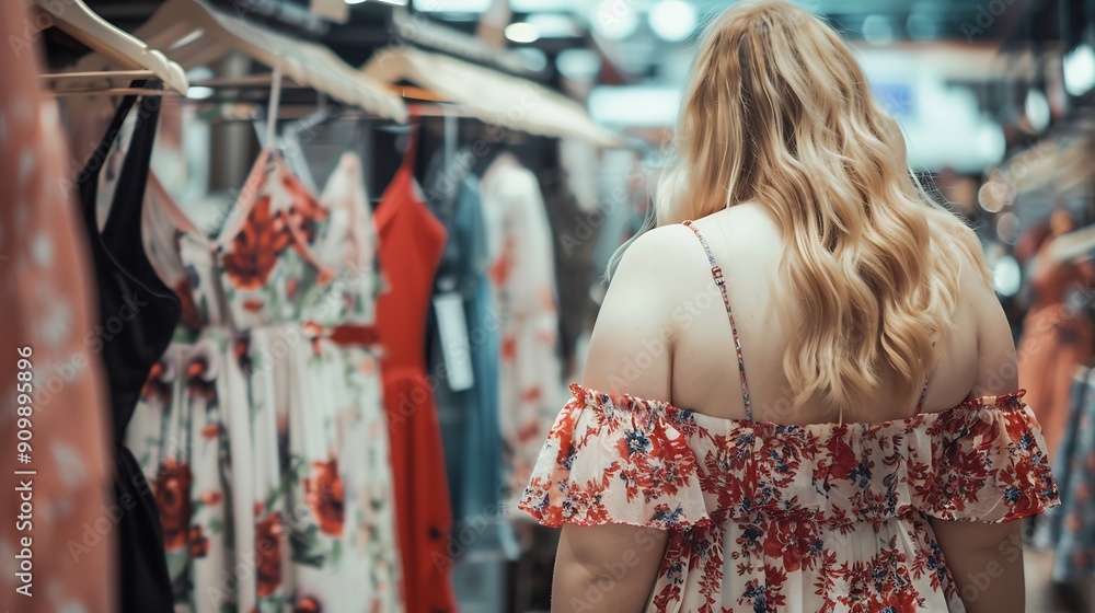beautiful buxom girl in a fashionable dress walking in the store and