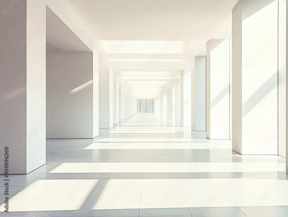 A long, empty hallway with white walls and white floors A long, empty hallway with white walls and white floors