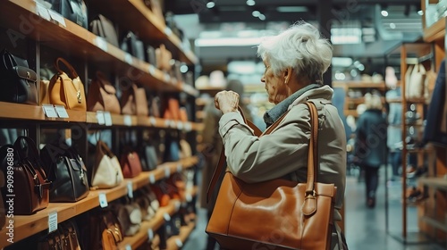 Elderly woman in casual clothes chooses leather handbag in shoe store : Generative AI