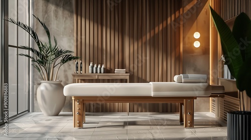 Stylish spa salon interior with massage table   Generative AI