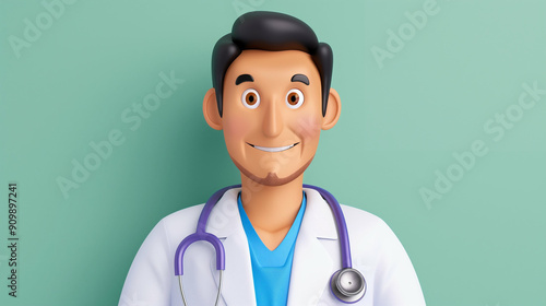 Doctor smiling with stethoscope in professional medical attire. Cheerful healthcare professional in modern cartoon style on a solid background. Ideal for medical content and illustrations