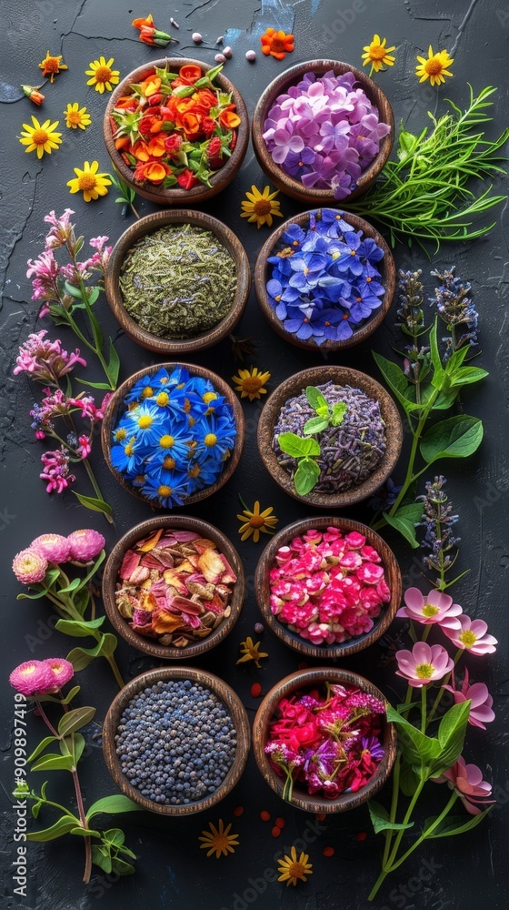 Baskets of dried herbs and vibrant flowers arranged in a colorful and natural display. Baskets of dried herbs and vibrant flowers arranged in a colorful and natural display.