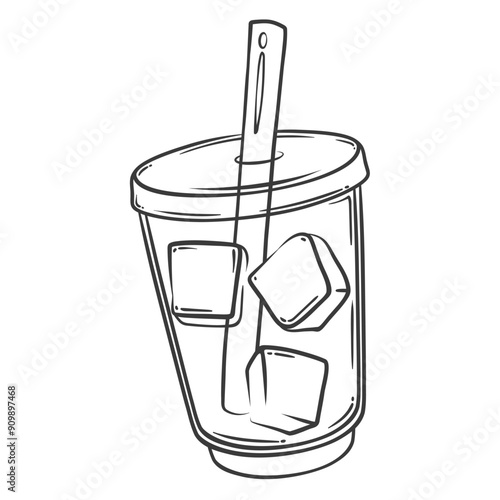 Plastic cup with coffee and ice cubes line icon. Hand drawn retro transparent package of takeout cold beverage with lid and straw. Summer fresh drink mascot, outline coffee icon vector illustration