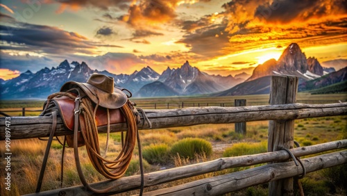 Rugged leather saddle and worn lasso rest on a weathered wooden fence, surrounded by vast open range and majestic mountain peaks at sunset. photo