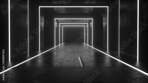 3D technology abstract neon light black and white background  empty space scene  spotlight  dark night  virtual reality  cyber futuristic sci-fi background  street floor studio for mock up.