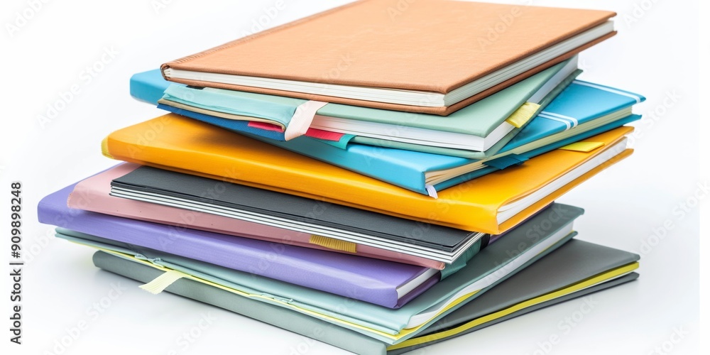 A stack of notebooks with different colors and designs. The books are piled on top of each other, with the top one being yellow. The books are of various sizes and colors A stack of notebooks with different colors and designs. The books are piled on top of each other, with the top one being yellow. The books are of various sizes and colors