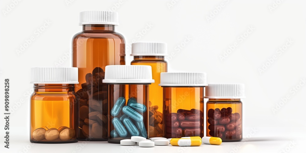 A row of medicine bottles with pills inside. The bottles are of different colors and sizes. Concept of organization and order, as the bottles are neatly lined up A row of medicine bottles with pills inside. The bottles are of different colors and sizes. Concept of organization and order, as the bottles are neatly lined up