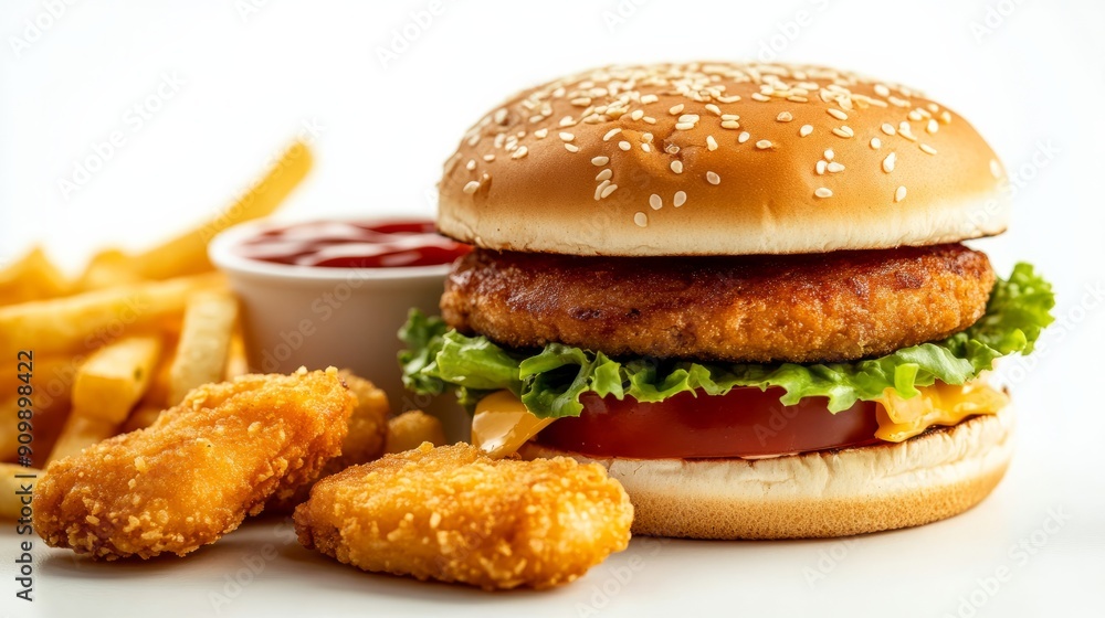 Delicious juicy hamburger with french fries and sauce, on a light background. Beautiful photo of a hamburger. Delicious juicy hamburger with french fries and sauce, on a light background. Beautiful photo of a hamburger.