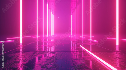 3D technology abstract neon light pink background  empty space scene  spotlight  dark night  virtual reality  cyber futuristic sci-fi background  street floor studio for mock up.