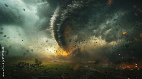 View of a large tornado destroying a barn. AI generated illustration photo