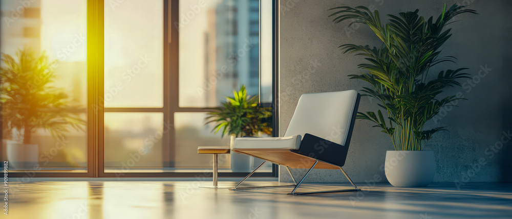 A white chair is sitting in front of a window with a potted plant next to it A white chair is sitting in front of a window with a potted plant next to it
