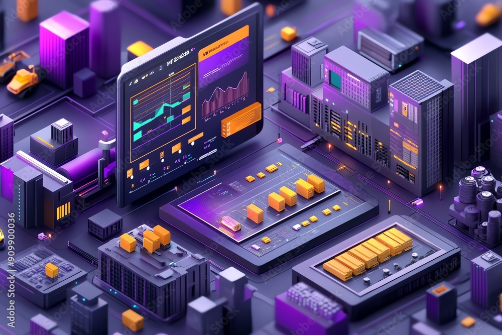 3D abstract rendering of futuristic city with buildings, data, network, and transportation. 3D abstract rendering of futuristic city with buildings, data, network, and transportation.