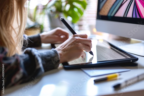 A person designs on a digital tablet at a desk, with a computer and plant visible. Their focused expression shows creativity in action during a productive work session