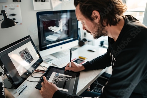 A designer focuses on his digital tablet, surrounded by dual monitors displaying design work and art references in a contemporary office setting