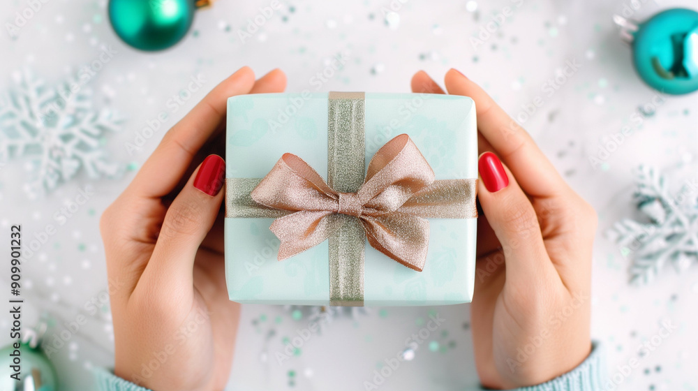 Gift box with ribbon and bow in hands. Beautiful present for celebrations holidays and special occasions. Stylish decoration in festive setting with holiday decor Gift box with ribbon and bow in hands. Beautiful present for celebrations holidays and special occasions. Stylish decoration in festive setting with holiday decor